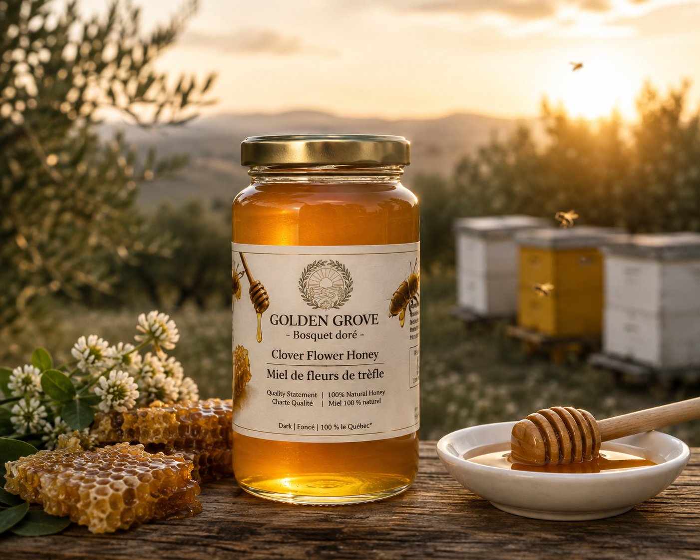 Raw honeycomb dripping honey, Golden Grove clover flower honey