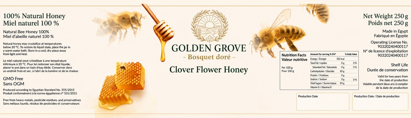 Miel de fleurs de trèfle Golden Grove — étiquette originale du produit, 250 g