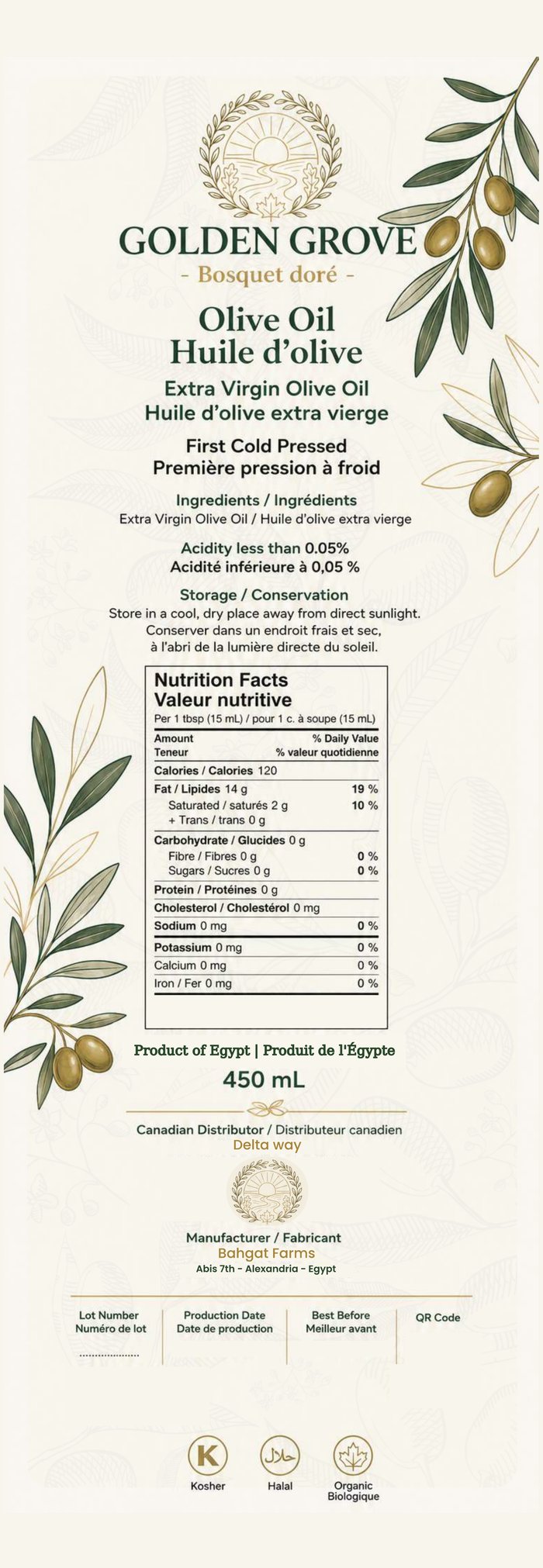 Huile d’olive extra vierge Golden Grove — étiquette originale arrière avec valeurs nutritionnelles