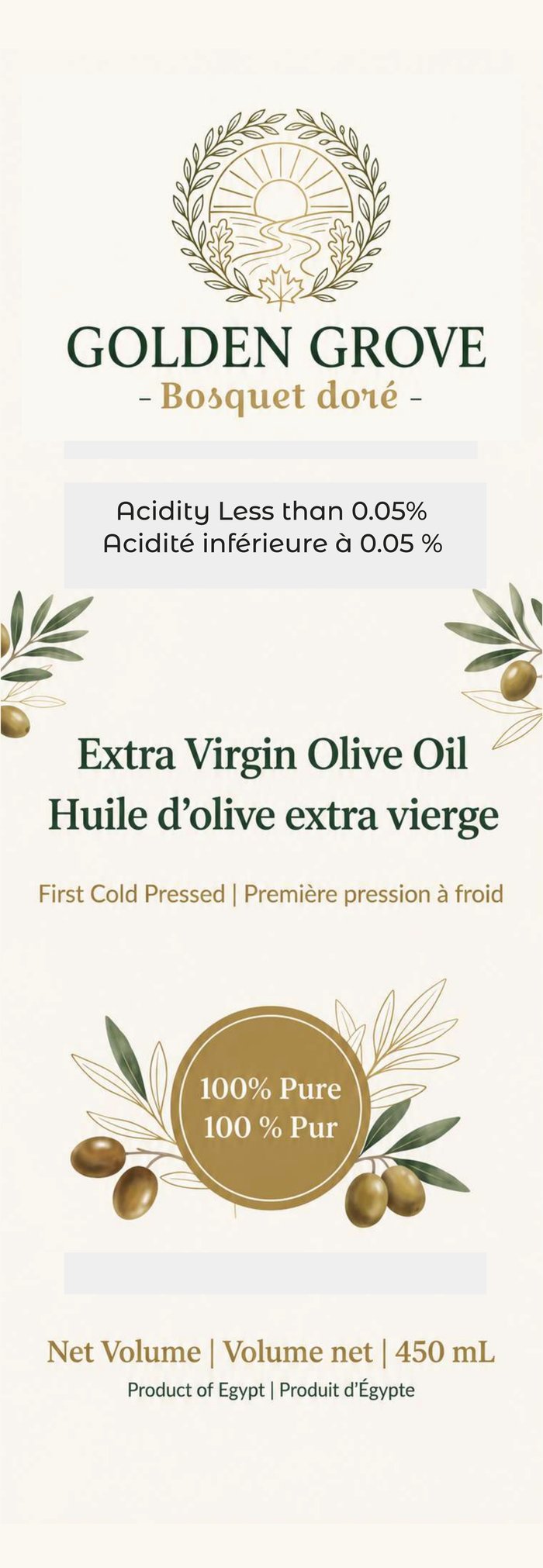 Huile d’olive extra vierge Golden Grove — étiquette originale avant, 450 ml